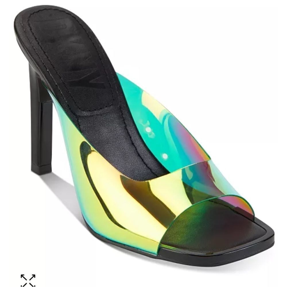 BRAND NEW DKNY SQUARE TOE MULTI-COLOR TRIMMED METALLIC WOMEN"S HEEL SANDAL